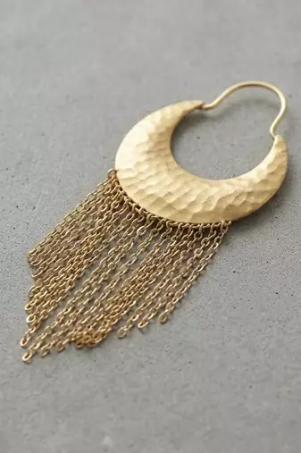 Gold hammered hoop fringe earrings