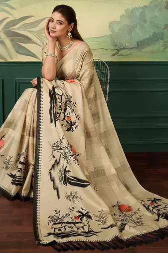 cream digital print tissue saree with blouse