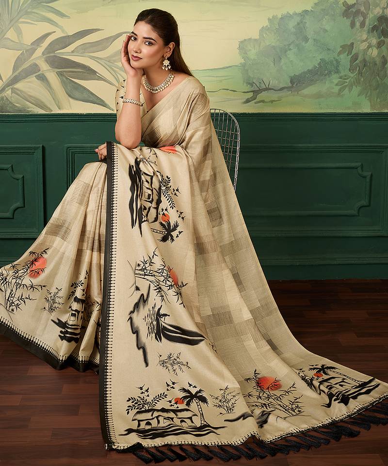 cream digital print tissue saree with blouse