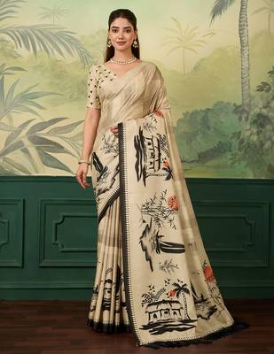 cream digital print tissue saree with blouse 2