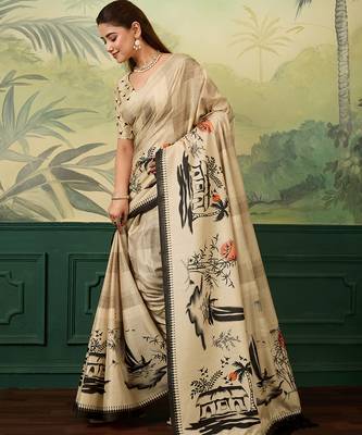 cream digital print tissue saree with blouse 3