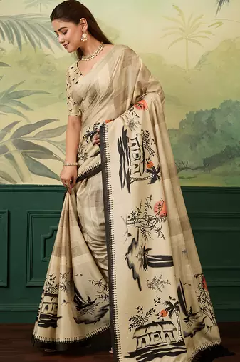 cream digital print tissue saree with blouse
