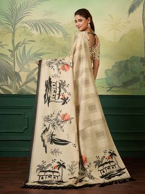 cream digital print tissue saree with blouse 4