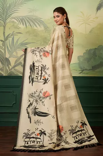 cream digital print tissue saree with blouse