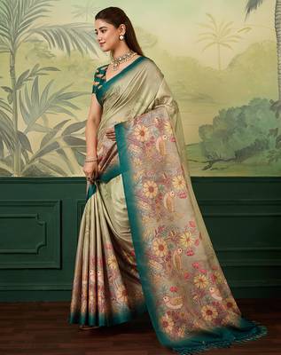 teal blue digital print tissue saree with blouse 1