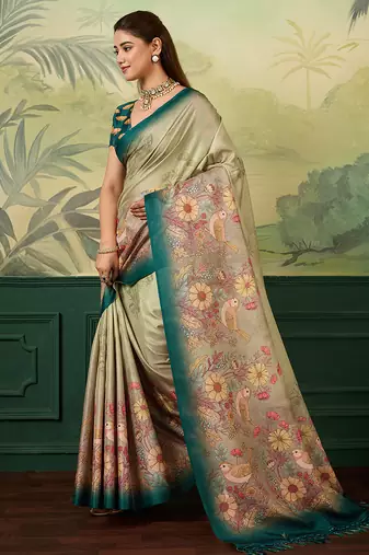 teal blue digital print tissue saree with blouse