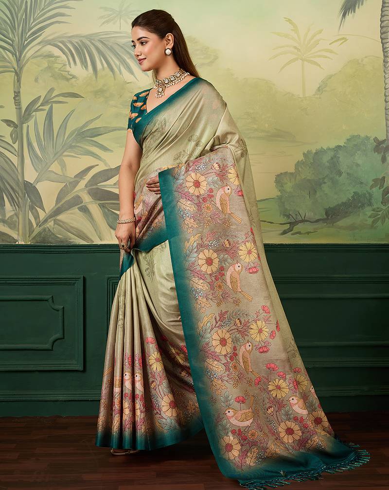 teal blue digital print tissue saree with blouse