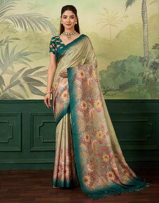 teal blue digital print tissue saree with blouse 2