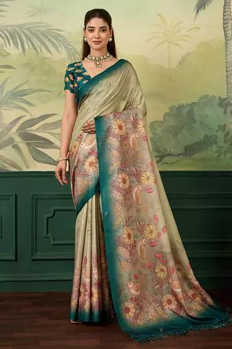 teal blue digital print tissue saree with blouse