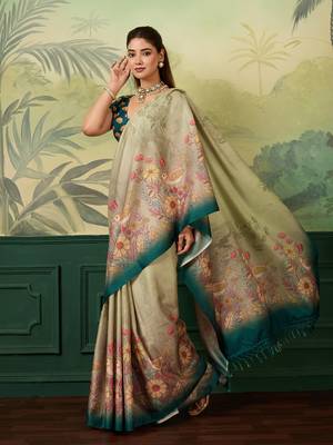 teal blue digital print tissue saree with blouse 3