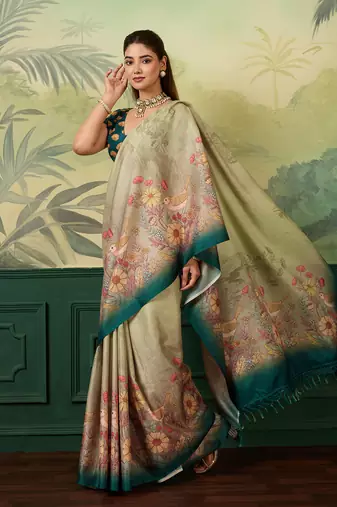 teal blue digital print tissue saree with blouse