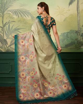 teal blue digital print tissue saree with blouse 4
