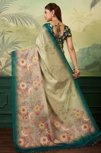 teal blue digital print tissue saree with blouse