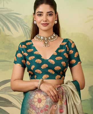 teal blue digital print tissue saree with blouse 5