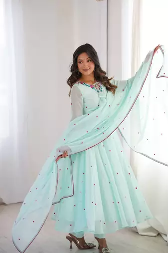 Sky blue thread embroidered georgette anarkali set