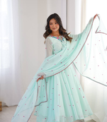 Sky blue thread embroidered georgette anarkali set