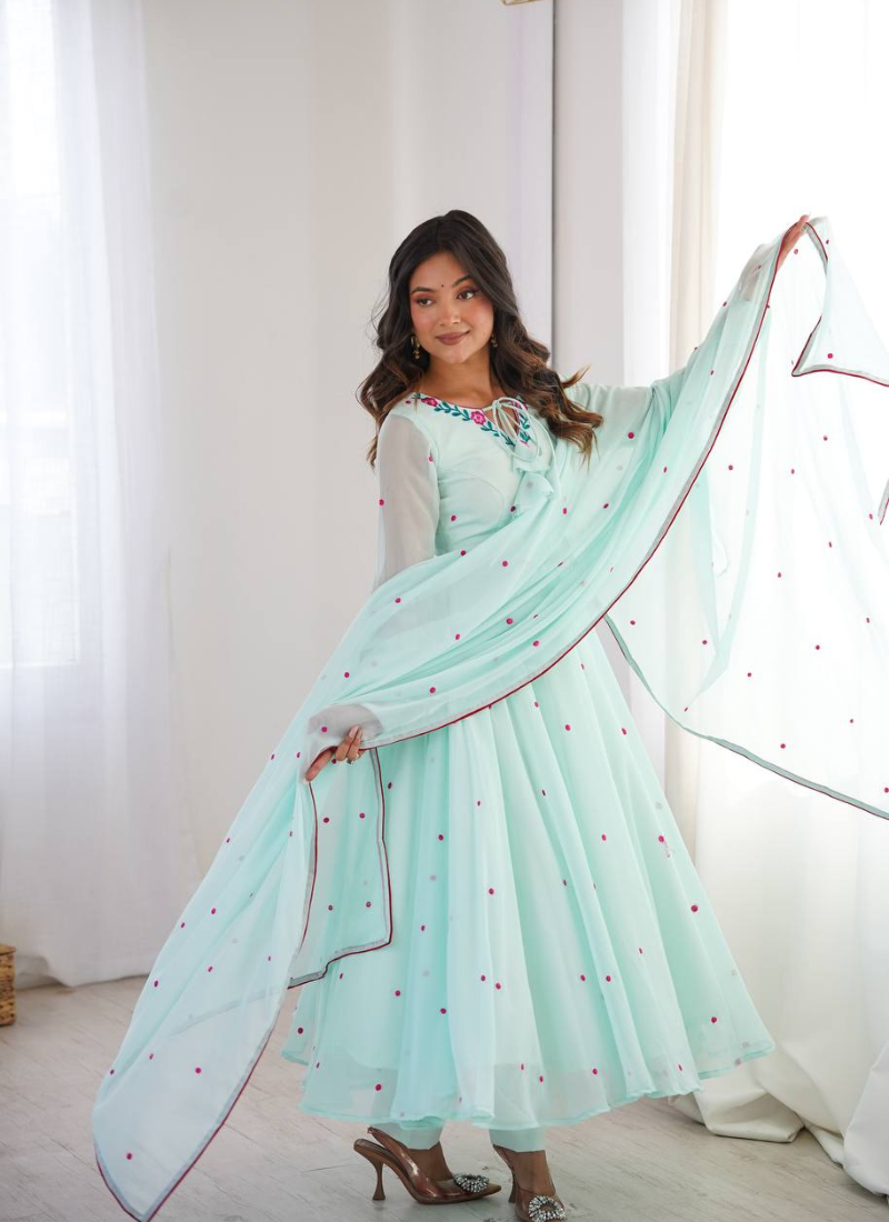 Sky blue thread embroidered georgette anarkali set