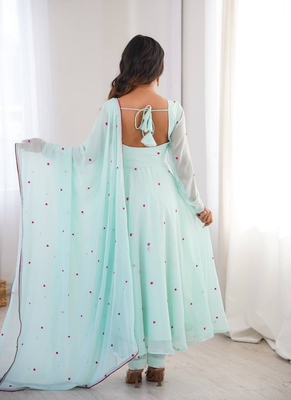 Sky blue thread embroidered georgette anarkali set 2