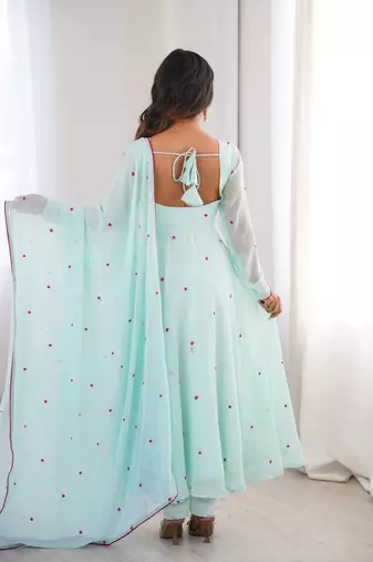 Sky blue thread embroidered georgette anarkali set