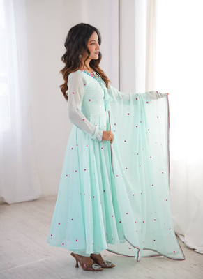 Sky blue thread embroidered georgette anarkali set 3