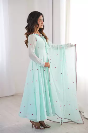 Sky blue thread embroidered georgette anarkali set