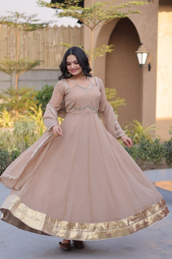 Beige mirror lace work crunchy silk gown with dupatta