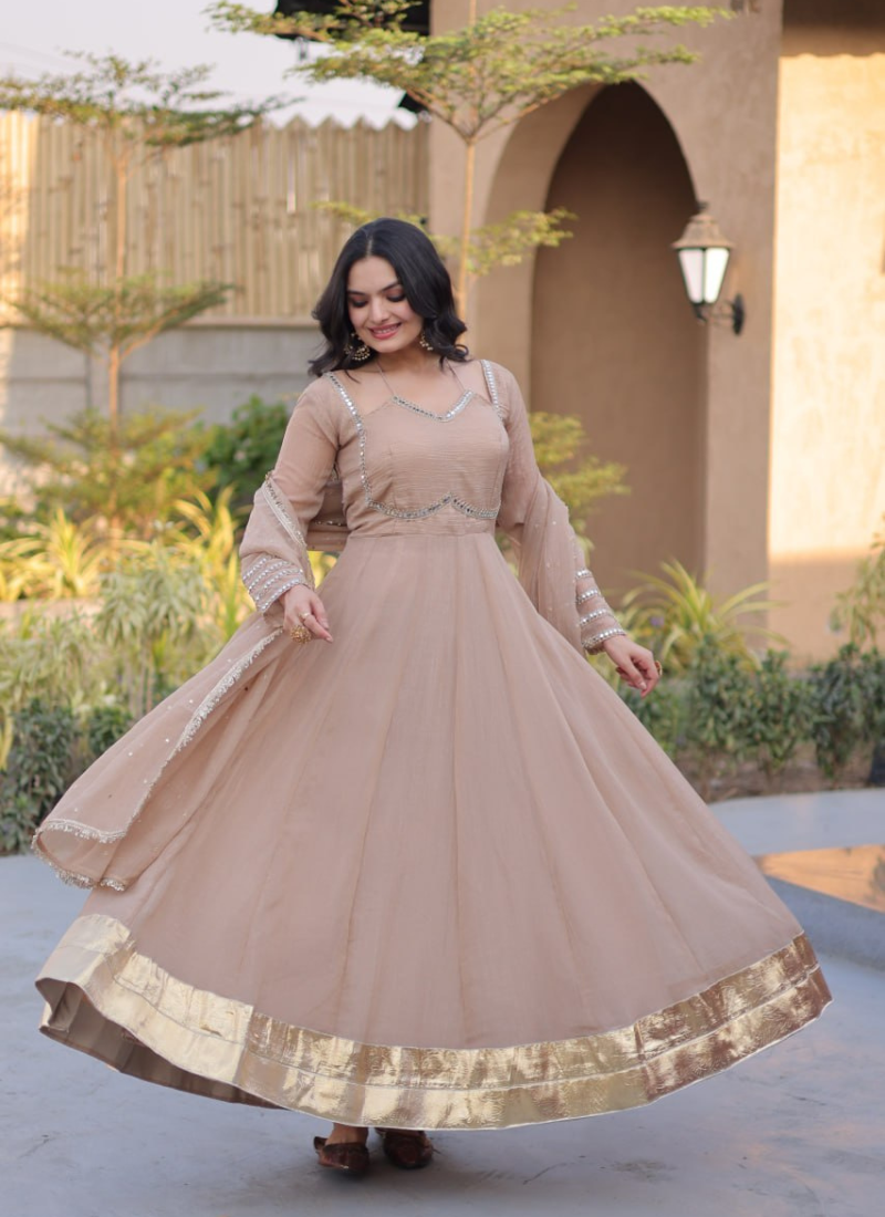 Beige mirror lace work crunchy silk gown with dupatta