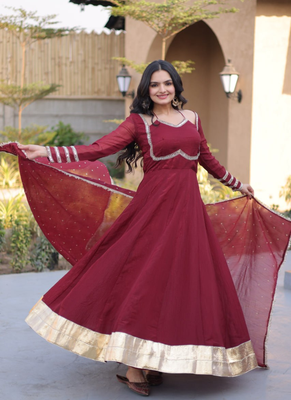 Maroon mirror lace work crunchy silk gown with dupatta 1