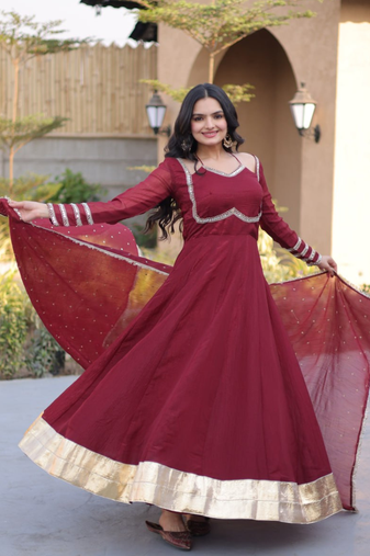 Maroon mirror lace work crunchy silk gown with dupatta