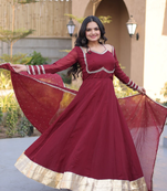 Maroon mirror lace work crunchy silk gown with dupatta