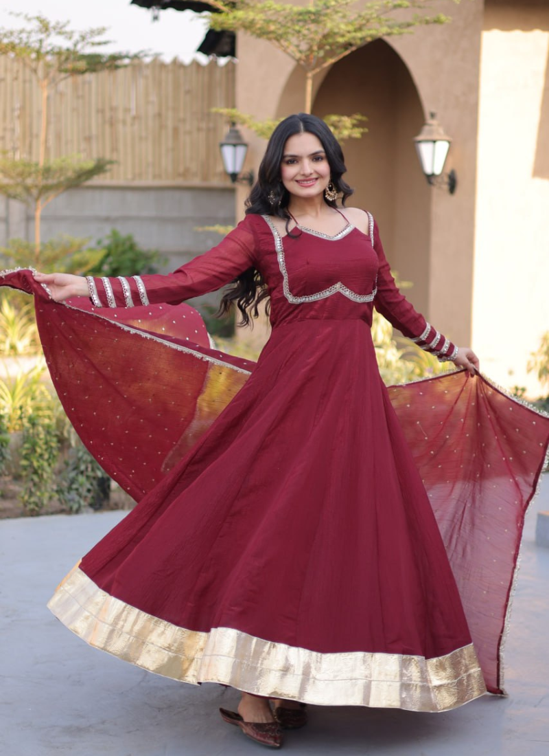 Maroon mirror lace work crunchy silk gown with dupatta