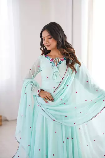 Sky blue thread embroidered georgette anarkali set