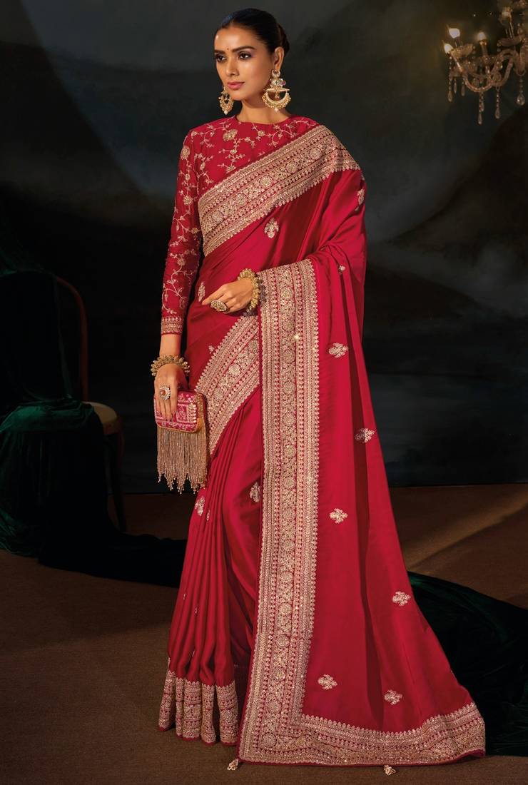 red viscose zari, sequins with cut-dana heavy hand work saree with blouse