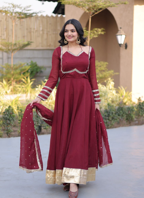 Maroon mirror lace work crunchy silk gown with dupatta 2