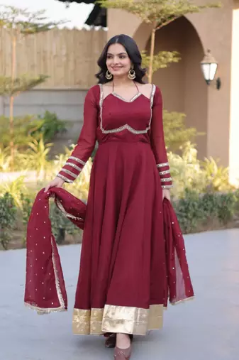 Maroon mirror lace work crunchy silk gown with dupatta