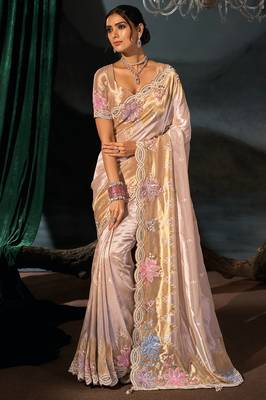 cream madhuri silk blend zari, thread, sequins, cut-dana with moti heavy hand work saree with blouse 1