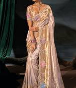 cream madhuri silk blend zari, thread, sequins, cut-dana with moti heavy hand work saree with blouse