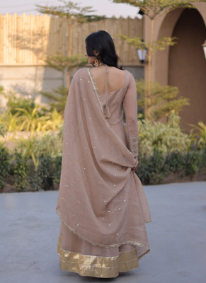 Beige mirror lace work crunchy silk gown with dupatta 2