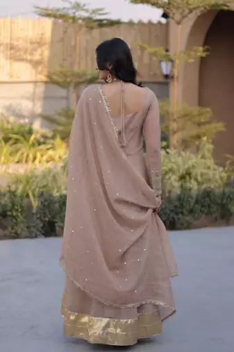 Beige mirror lace work crunchy silk gown with dupatta