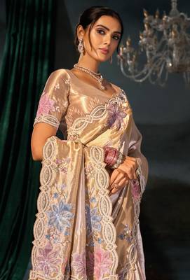 cream madhuri silk blend zari, thread, sequins, cut-dana with moti heavy hand work saree with blouse 2