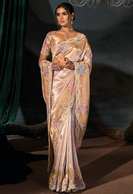 cream madhuri silk blend zari, thread, sequins, cut-dana with moti heavy hand work saree with blouse 3