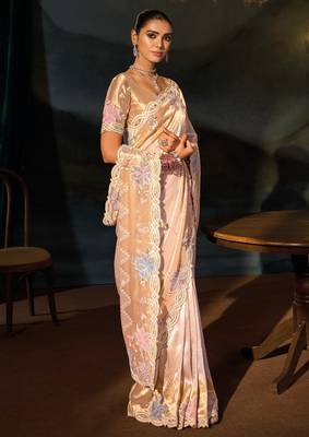 cream madhuri silk blend zari, thread, sequins, cut-dana with moti heavy hand work saree with blouse 4