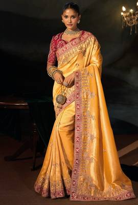 mustard madhuri silk blend zari, thread, cut-dana with moti heavy hand work saree with blouse 1