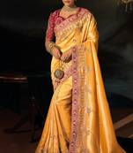 mustard madhuri silk blend zari, thread, cut-dana with moti heavy hand work saree with blouse