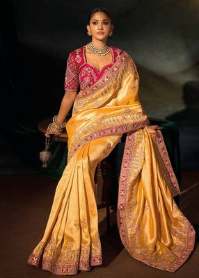 mustard madhuri silk blend zari, thread, cut-dana with moti heavy hand work saree with blouse 2