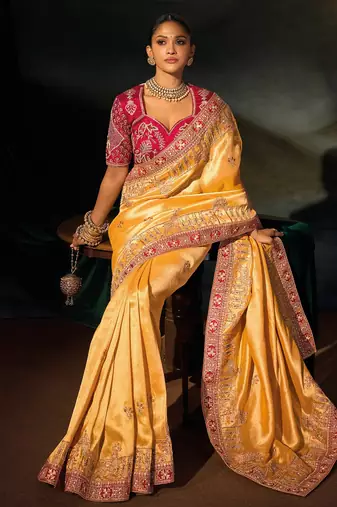 mustard madhuri silk blend zari, thread, cut-dana with moti heavy hand work saree with blouse