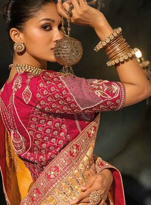 mustard madhuri silk blend zari, thread, cut-dana with moti heavy hand work saree with blouse 3