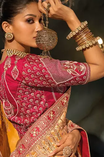 mustard madhuri silk blend zari, thread, cut-dana with moti heavy hand work saree with blouse