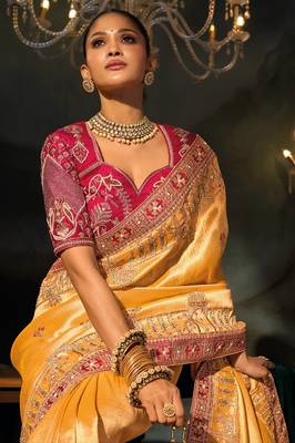 mustard madhuri silk blend zari, thread, cut-dana with moti heavy hand work saree with blouse 4