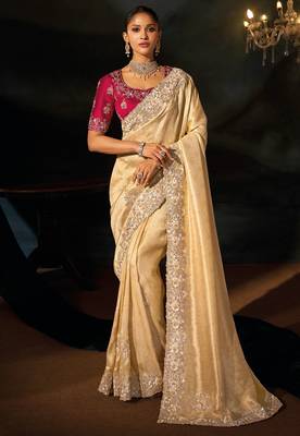 Cream kanjivaram jacquard zari, sequins, cut-dana with moti heavy hand work saree with blouse 1